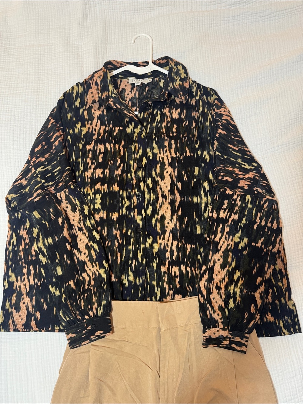 Molly Bracken Black Blouse with gold & rust Abstract Print